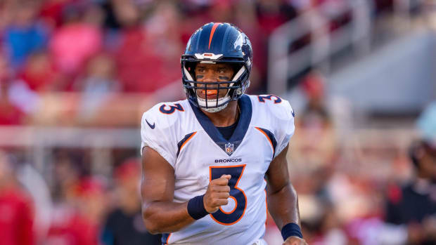 August 19, 2023; Santa Clara, California, USA; Denver Broncos quarterback Russell Wilson (3) during the first quarter against the San Francisco 49ers at Levi's Stadium.